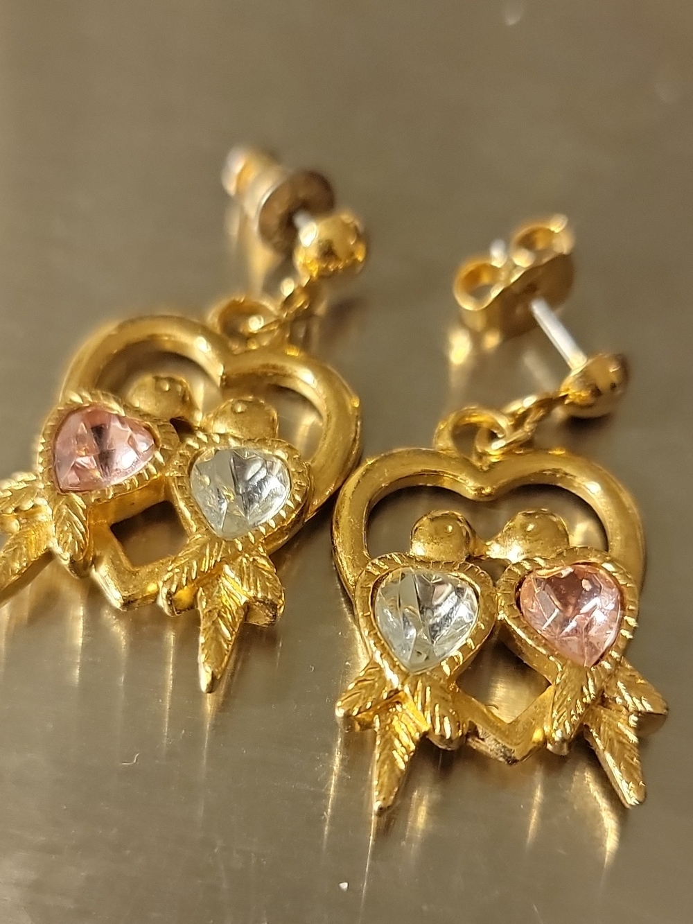 Gold Heart Dangle Earrings with Pink and Clear Stones - Women Jewelry